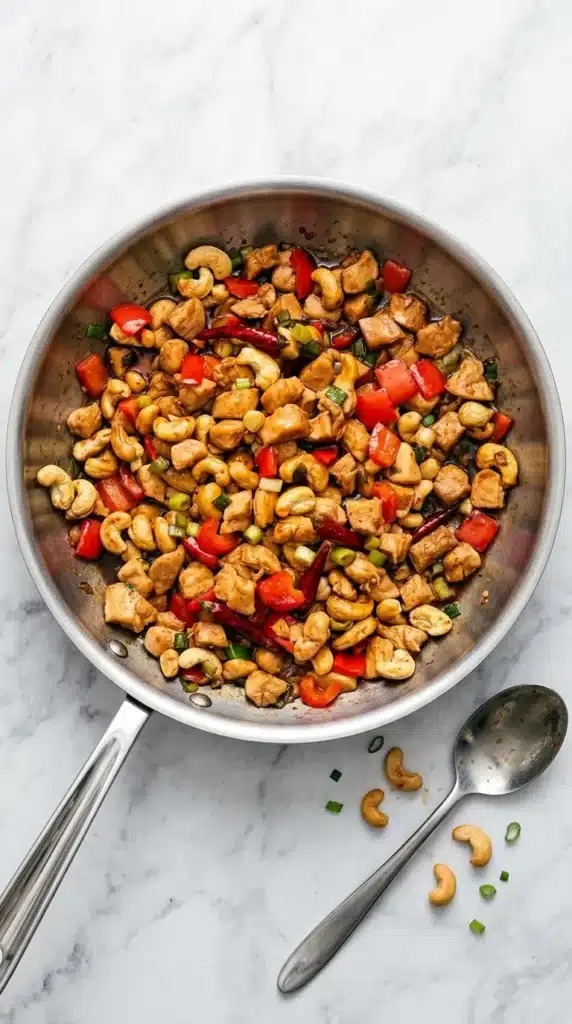 Kung Pao Chicken : Amazing Easy 30-Minute Recipe 8 Kung Pao Chicken in a wok with cashews, red peppers, dried chilies, and green onions