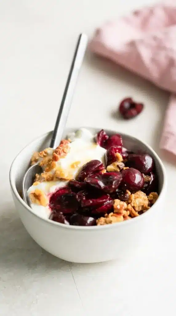 Roasted Cherry Yogurt Bowl with Greek Yogurt and Almonds 6 Roasted Cherry Yogurt Bowl with creamy Greek yogurt, juicy cherries, almonds, coconut, and chia seeds