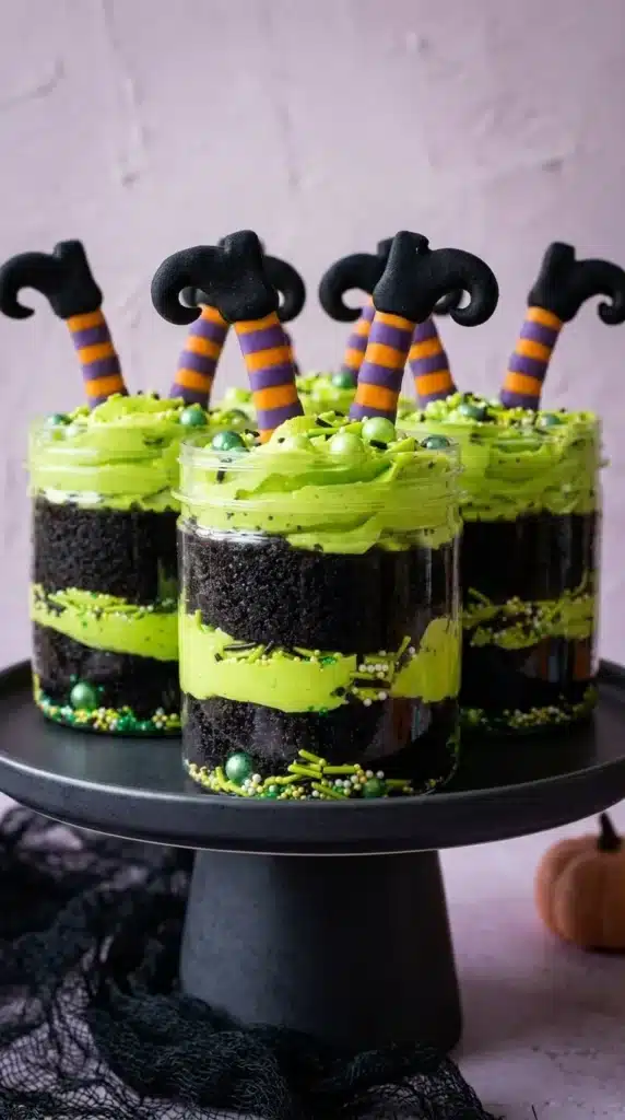 Witches' Brew Halloween Cake Jars : Easy Wicked Treat 6 Finished Witches' Brew Halloween Cake Jars with green frosting, dark cake, sprinkles and witch legs