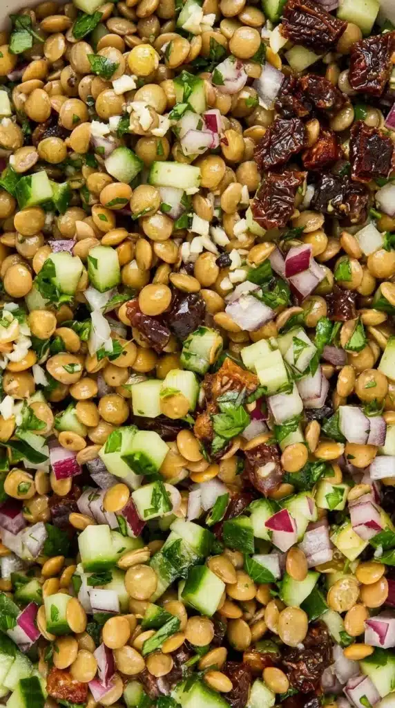 Close up of Lentil Salad with cucumber, red onion, dates, parsley, and lemon vinaigrette
