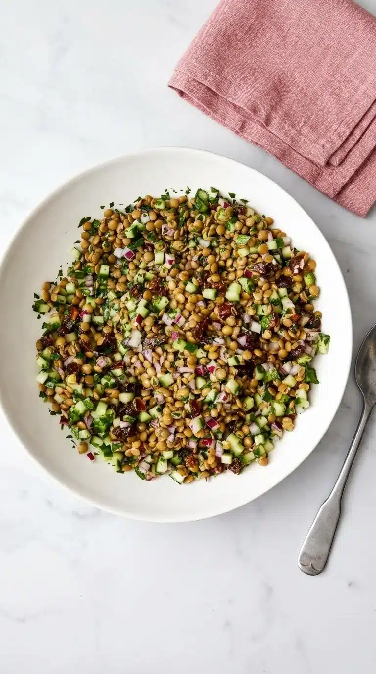 Fresh Lentil Salad with cucumber, red onion, dates, parsley, and lemon vinaigrette