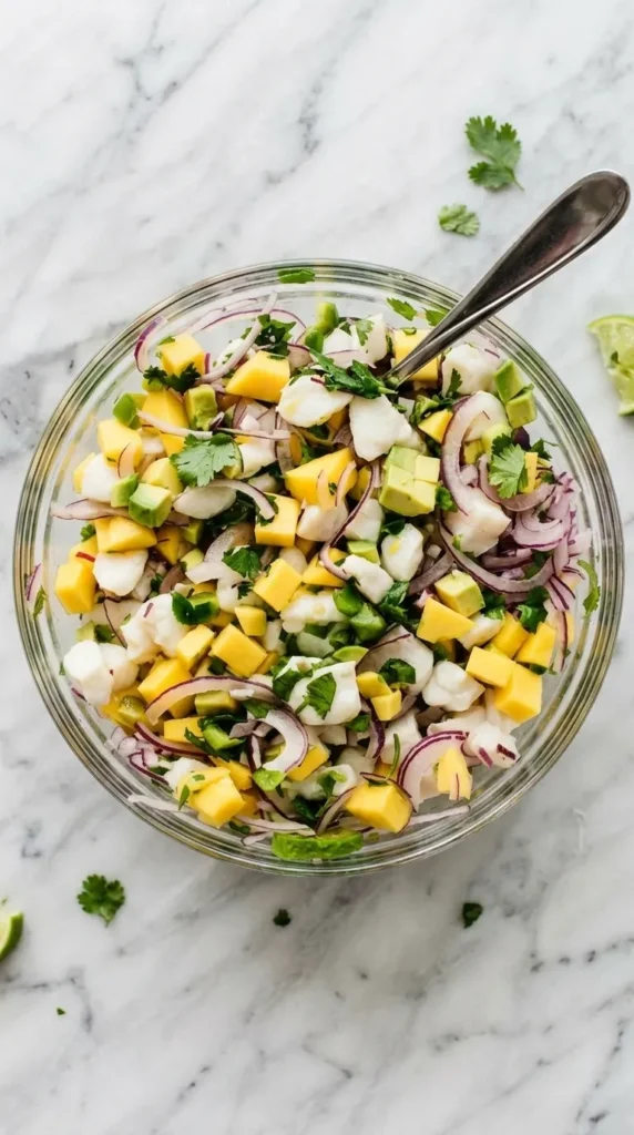 Mango Halibut Ceviche : Fresh, Easy, and Ready in 40 Minutes 9 Mixed Mango Halibut Ceviche with mango, avocado, red onion, cilantro, jalapeño, and citrus