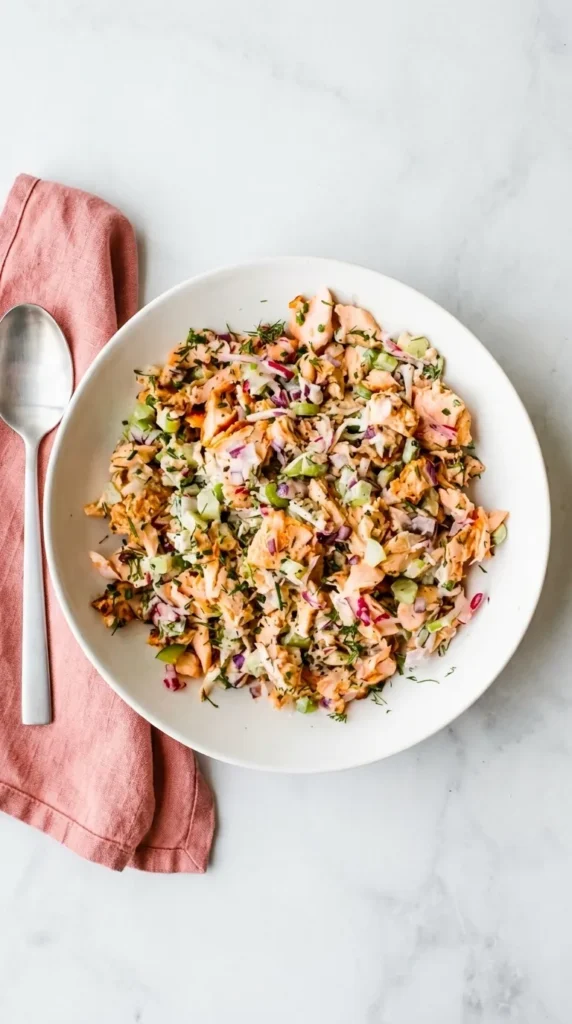 Salmon Salad with flaky salmon, crisp vegetables, fresh herbs, and creamy lemon Dijon dressing
