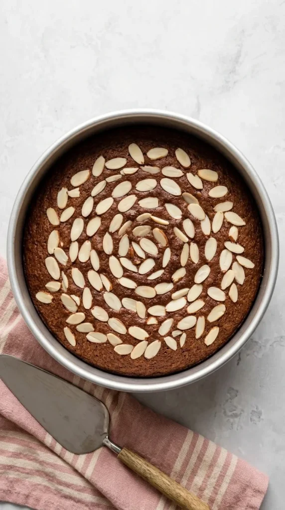 Freshly baked Almond Cake topped with sliced almonds in a round cake pan
