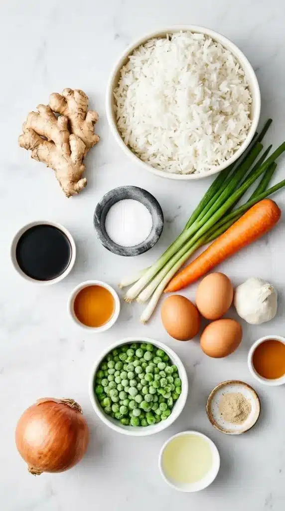 Fried Rice ingredients with cooked rice, eggs, peas, carrots, green onions, garlic, ginger, and seasonings.