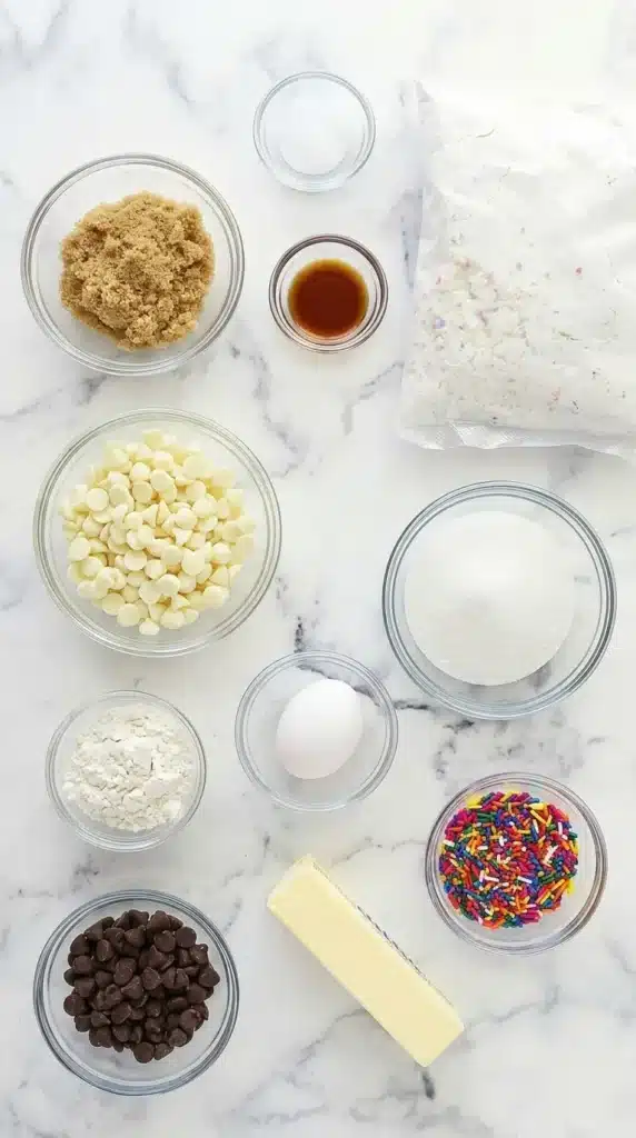 Funfetti Cookie Cake Recipe : Easy, Colorful Party Treat 5 Funfetti Cookie Cake ingredients with chocolate chips, rainbow sprinkles, butter, sugar, and cake mix