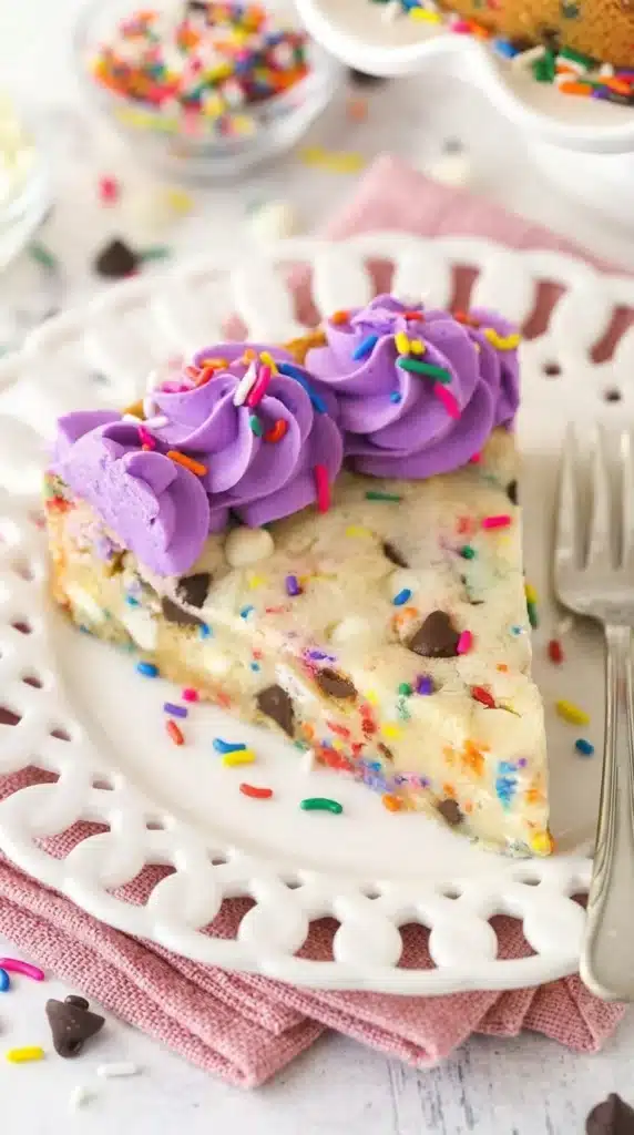 Funfetti Cookie Cake Recipe : Easy, Colorful Party Treat 6 Funfetti Cookie Cake slice with chocolate chips, rainbow sprinkles, and vanilla buttercream