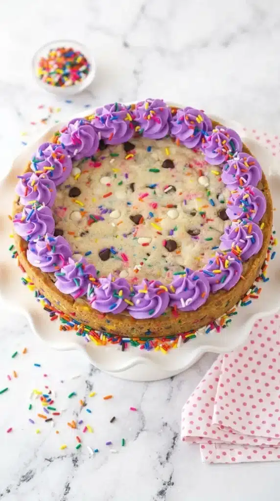 Funfetti Cookie Cake with chocolate chips, rainbow sprinkles, and piped vanilla buttercream