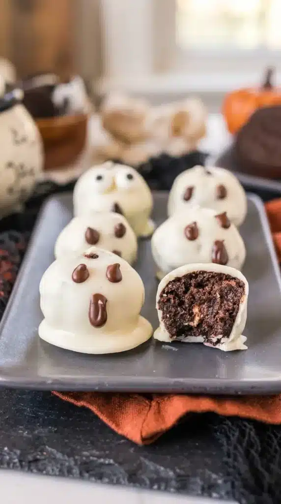 Ghost Oreo Balls Recipe : 5 Easy, Scary Halloween Treats 7 Ghost Oreo Balls with white candy coating and a creamy chocolate Oreo center
