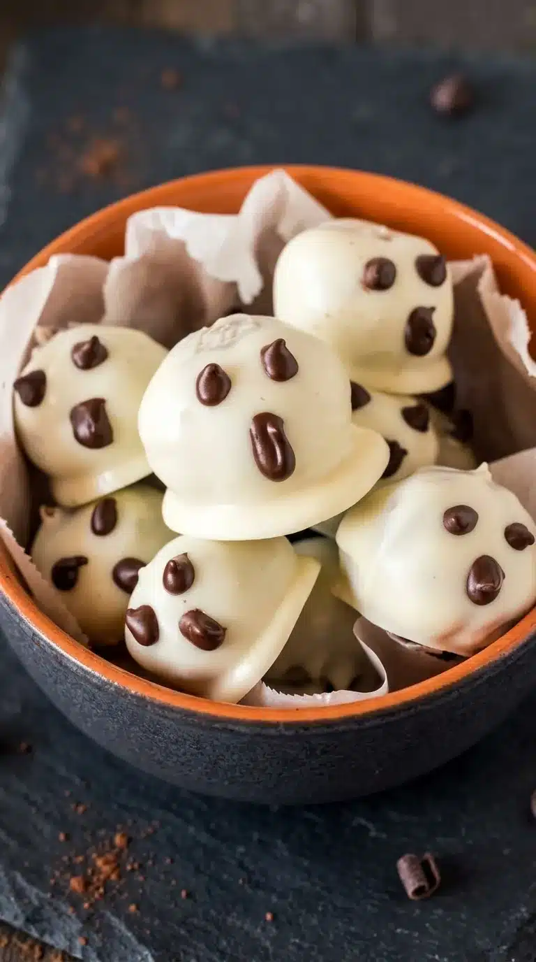 Ghost Oreo Balls with white candy coating and chocolate ghost faces for Halloween