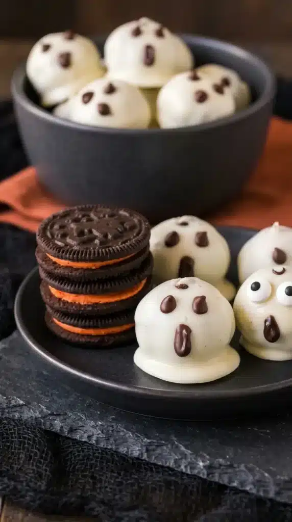 Ghost Oreo Balls Recipe : 5 Easy, Scary Halloween Treats 8 Ghost Oreo Balls with chocolate faces and orange-filled Halloween Oreos