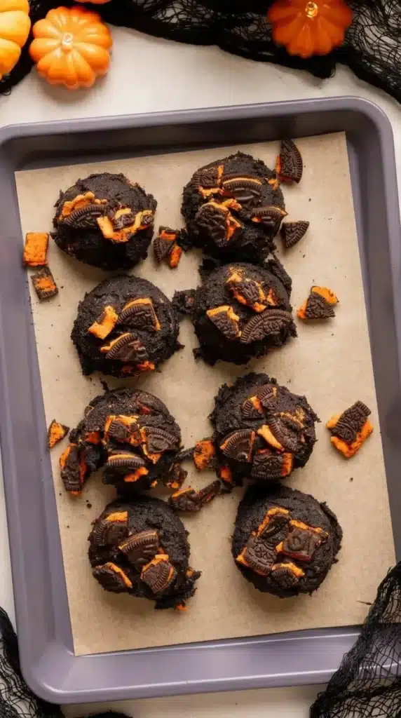Unbaked Halloween Oreo Chocolate Cookies topped with orange creme cookie pieces on a baking sheet