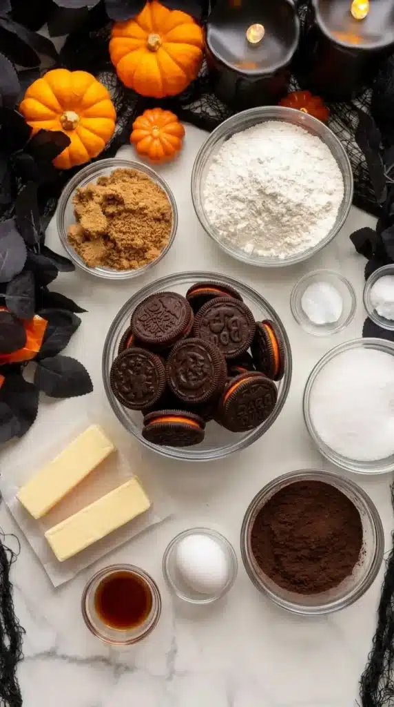 Halloween Oreo Chocolate Cookies ingredients with black cocoa, Oreos, flour, butter, sugar, and egg