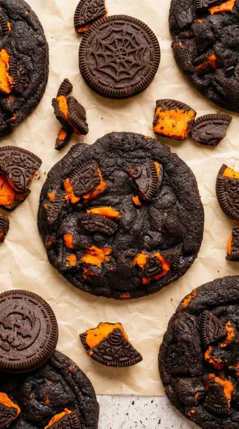 Halloween Oreo Chocolate Cookies with black cocoa and bright orange sandwich cookie pieces