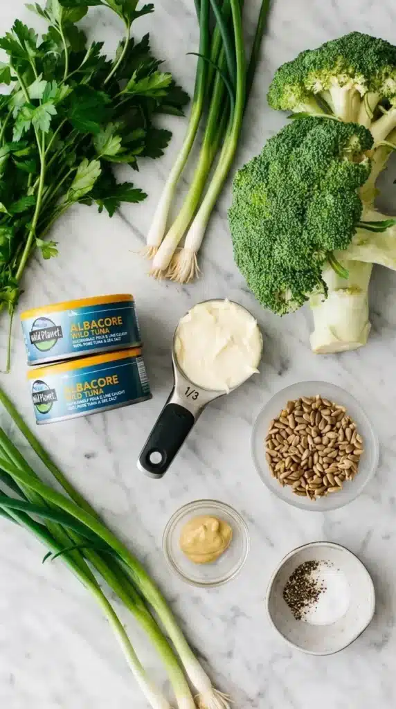 Healthy Broccoli Tuna Salad ingredients with tuna, broccoli, herbs, sunflower seeds, and Dijon mustard