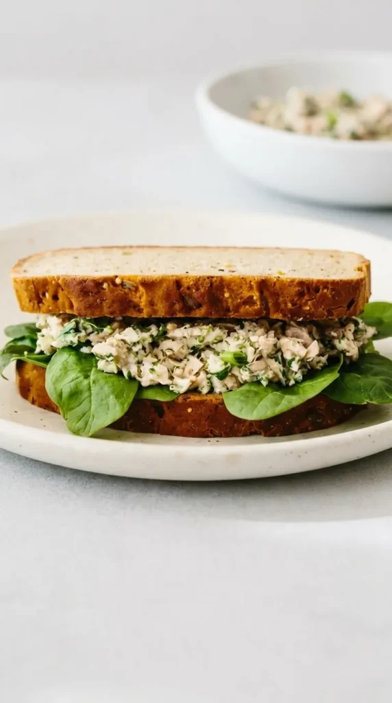 Healthy Broccoli Tuna Salad sandwich with spinach on rustic multigrain bread