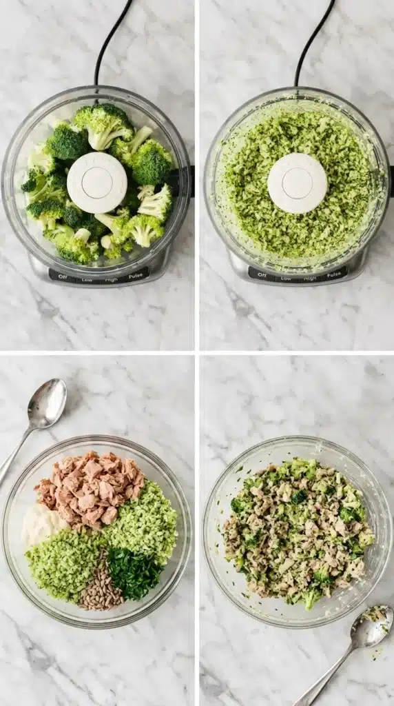 Healthy Broccoli Tuna Salad steps showing broccoli rice, tuna ingredients, and the finished salad