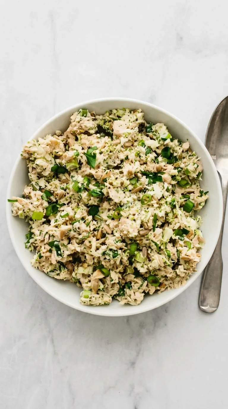 Healthy Broccoli Tuna Salad with fresh broccoli, tuna, green onions, herbs, and sunflower seeds