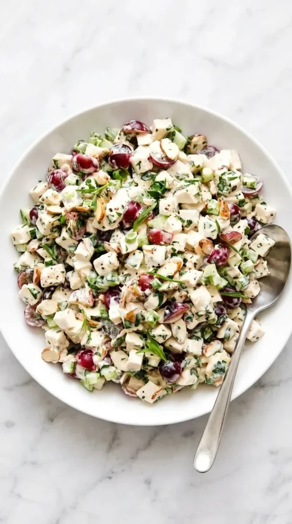 Close up Healthy Chicken Salad with grapes, almonds, celery, chicken, and fresh herbs
