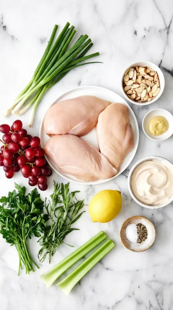 Healthy Chicken Salad ingredients with chicken, grapes, celery, almonds, lemon, and fresh herbs