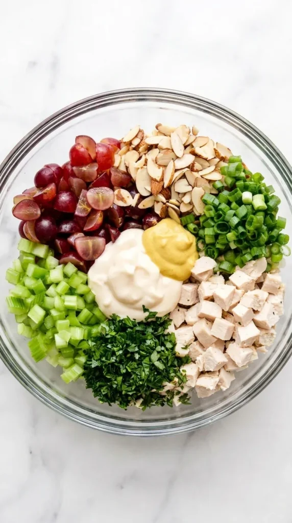 Healthy Chicken Salad ingredients with chicken, grapes, celery, almonds, herbs, and creamy dressing