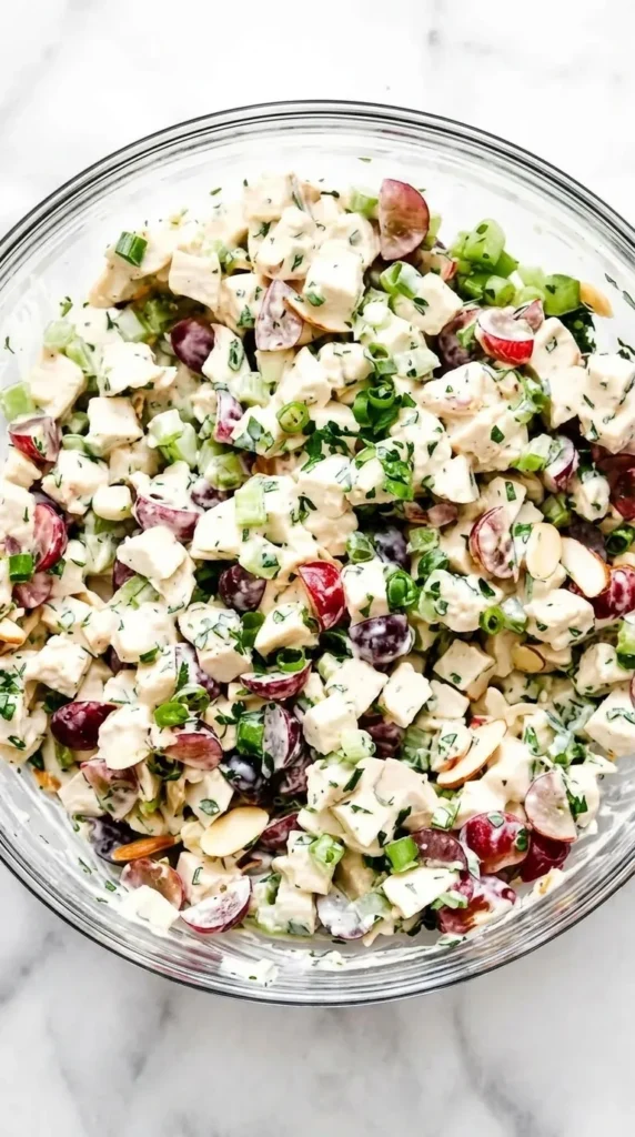 Healthy Chicken Salad mixed with grapes, celery, almonds, fresh herbs, and creamy dressing