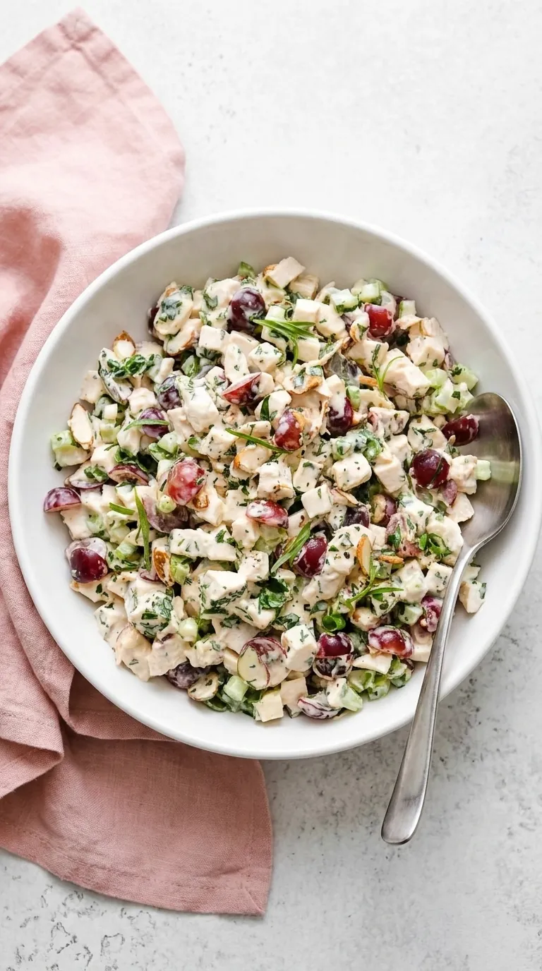 home 6 Healthy Chicken Salad with grapes, celery, toasted almonds, and fresh herbs in creamy dressing