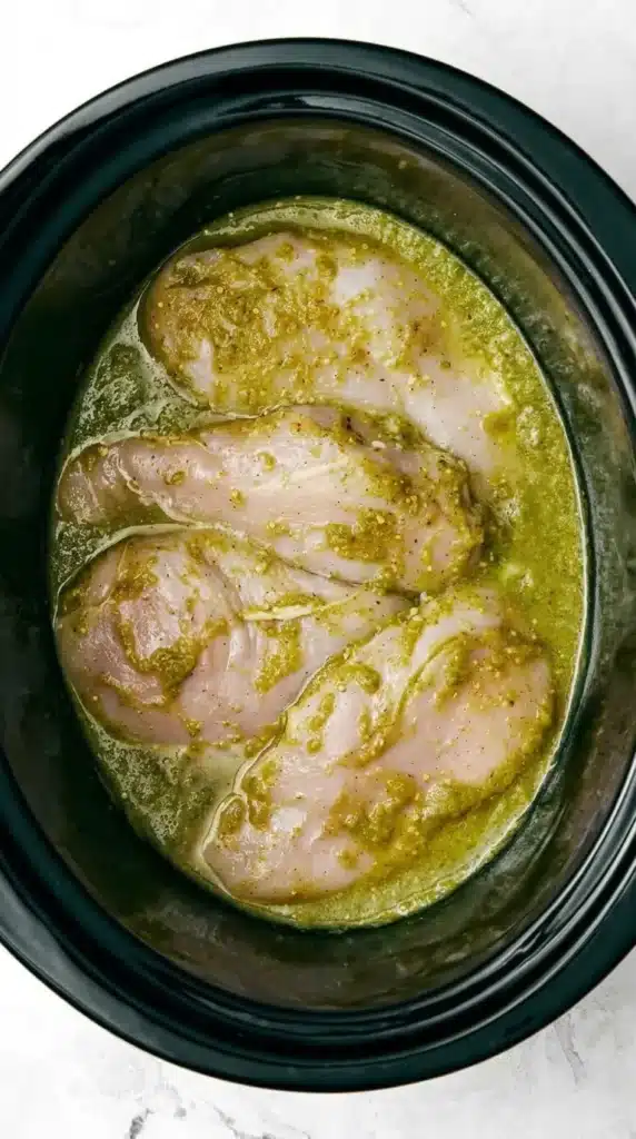 Healthy Crockpot Salsa Verde Chicken Recipe : Amazing & Easy 7 Healthy Crockpot Salsa Verde Chicken with raw chicken breasts and salsa verde in a slow cooker
