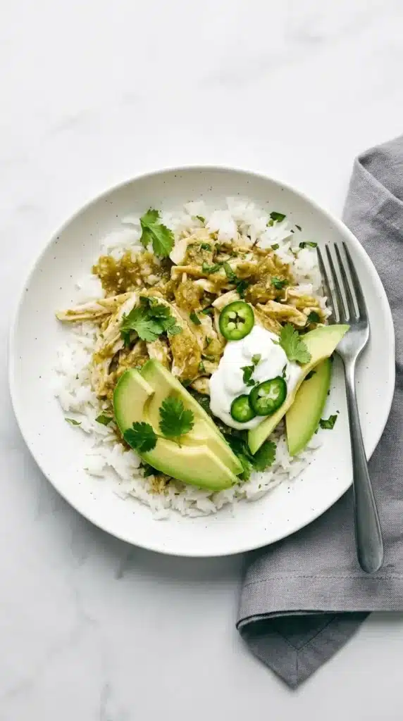 Healthy Crockpot Salsa Verde Chicken Recipe : Amazing & Easy 8 Healthy Crockpot Salsa Verde Chicken over rice with avocado, cilantro, jalapeno, and sour cream
