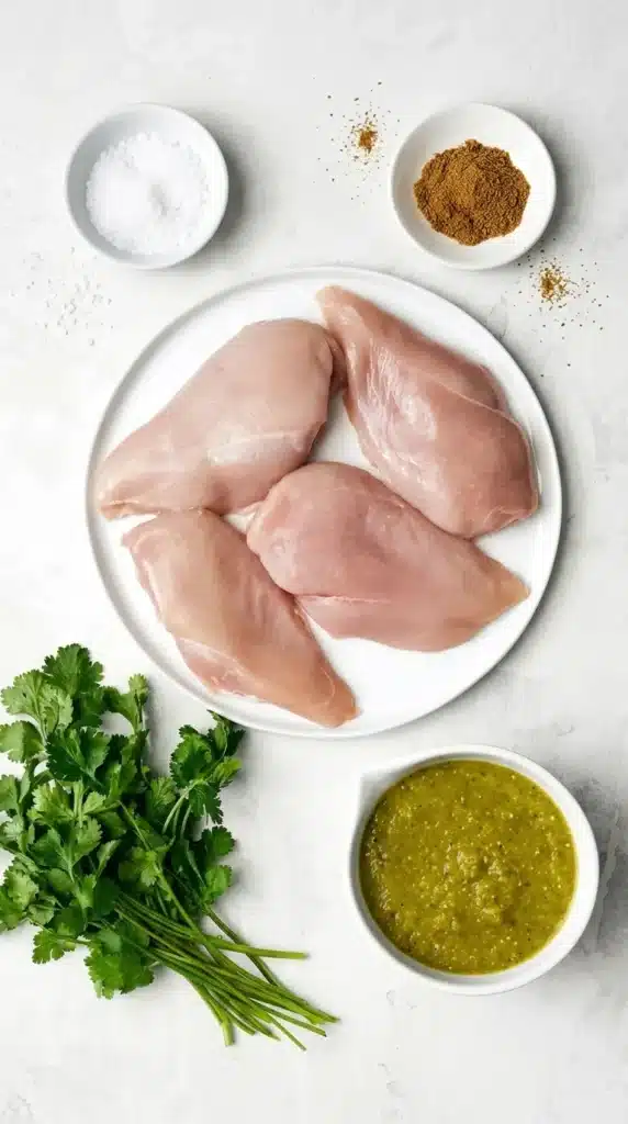 Healthy Crockpot Salsa Verde Chicken Recipe : Amazing & Easy 6 Healthy Crockpot Salsa Verde Chicken ingredients with chicken breasts, salsa verde, cilantro, salt, and cumin