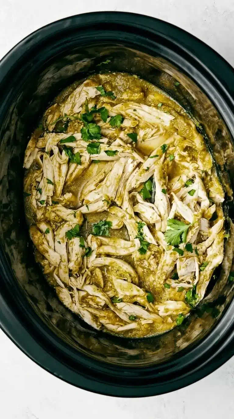 Healthy Crockpot Salsa Verde Chicken with tender shredded chicken, green salsa, and fresh cilantro