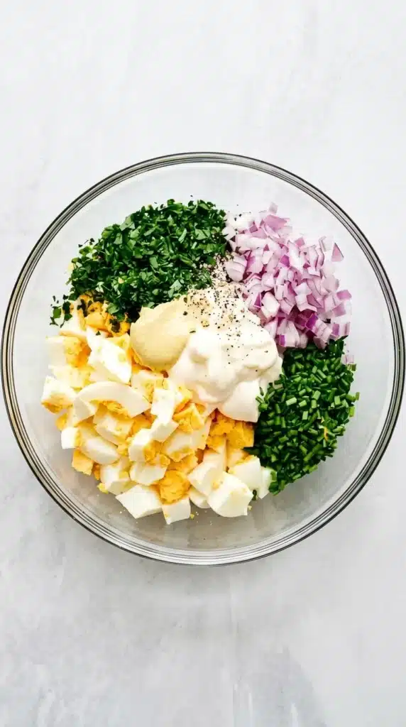 Healthy Egg Salad Recipe : Quick, Creamy, and Fresh 7 Healthy Egg Salad ingredients with chopped eggs, herbs, red onion, Dijon, and mayonnaise