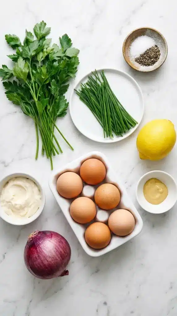 Healthy Egg Salad Recipe : Quick, Creamy, and Fresh 6 Healthy Egg Salad ingredients with eggs, herbs, red onion, lemon, Dijon mustard, and mayonnaise
