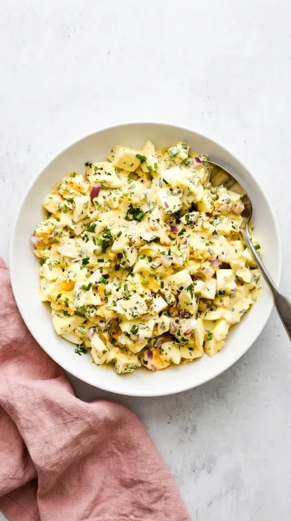 Healthy Egg Salad with creamy eggs, fresh herbs, red onion, Dijon mustard, and black pepper