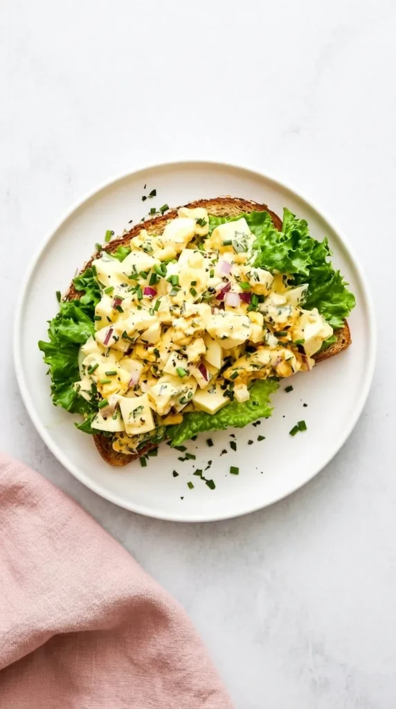 Healthy Egg Salad Recipe : Quick, Creamy, and Fresh 8 Healthy Egg Salad open faced sandwich with lettuce, fresh herbs, and red onion