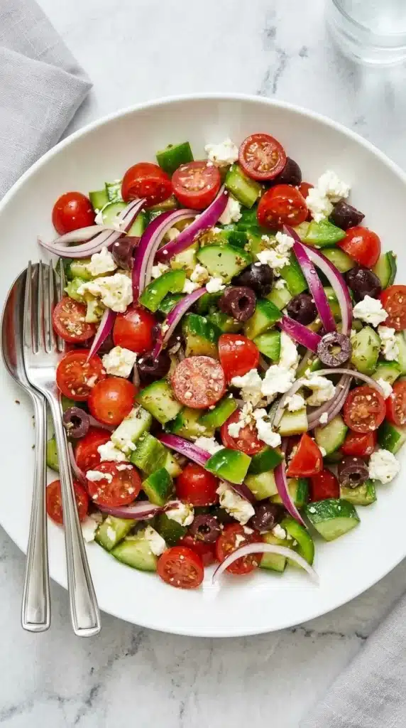 Close-up of Healthy Greek Salad with cucumber, tomatoes, feta, Kalamata olives, onion, and peppers