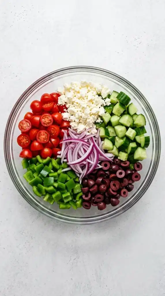 Healthy Greek Salad dressing with olive oil, red wine vinegar, lemon, garlic, and oregano