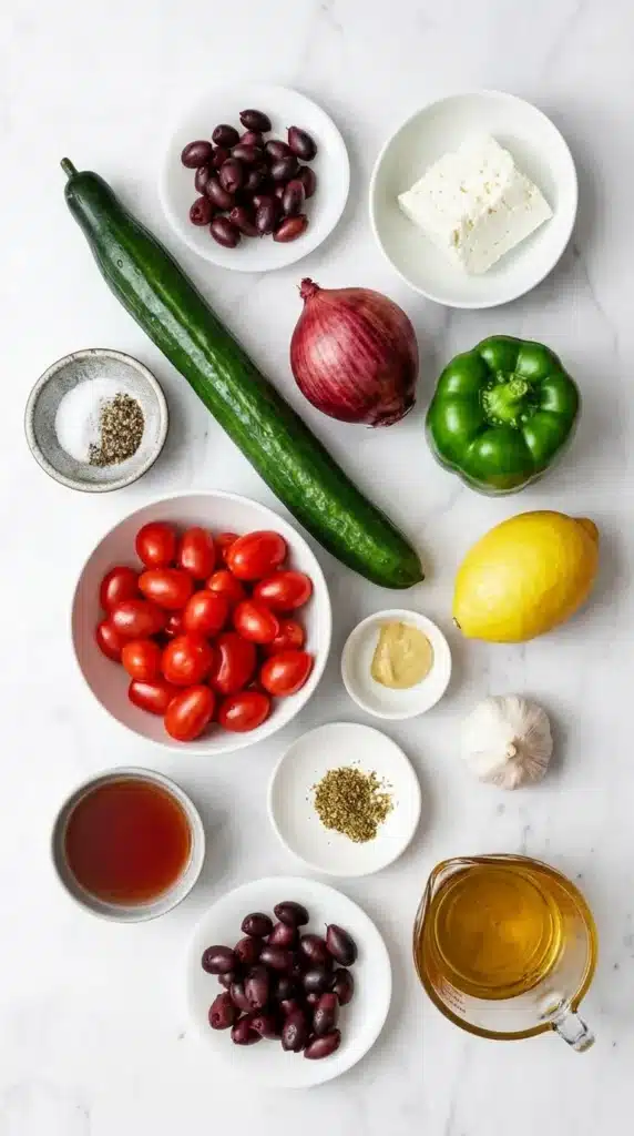 Healthy Greek Salad ingredients with cucumber, tomatoes, feta, olives, bell pepper, onion, and dressing
