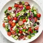 Healthy Greek Salad with cucumber, tomatoes, feta, Kalamata olives, red onion, and bell pepper