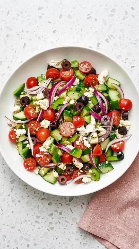 Healthy Greek Salad with cucumber, tomatoes, feta, Kalamata olives, red onion, and bell pepper