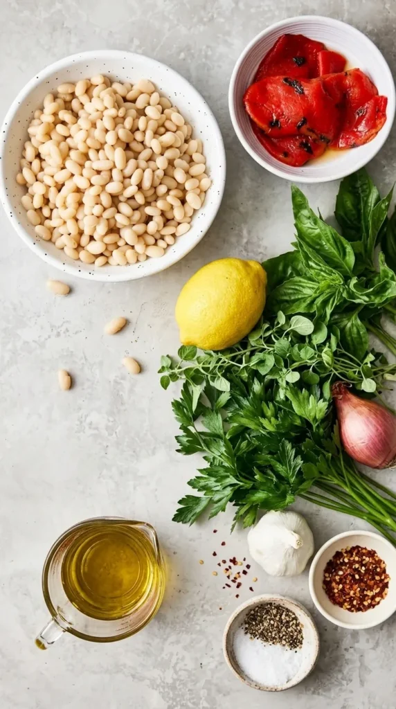 Healthy Marinated White Beans ingredients with herbs, lemon, olive oil, garlic, and roasted peppers