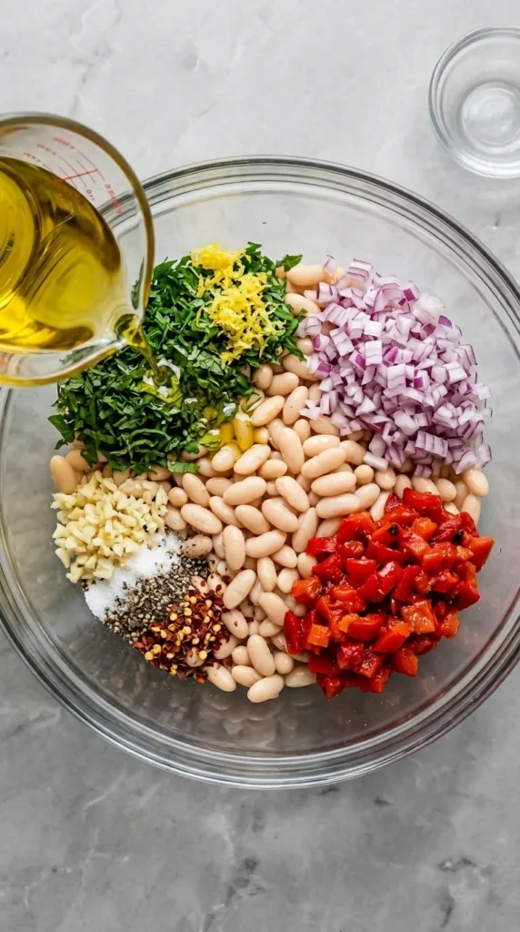 Healthy Marinated White Beans mixed with herbs, peppers, lemon, shallot, and olive oil