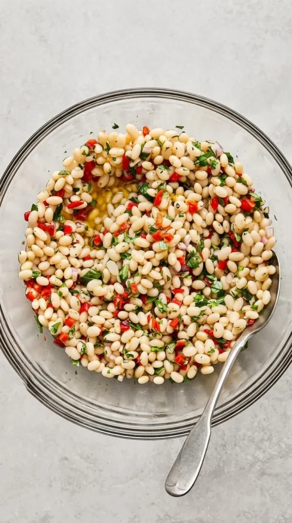Healthy Marinated White Beans tossed with roasted peppers, fresh herbs, shallot, and lemon dressing