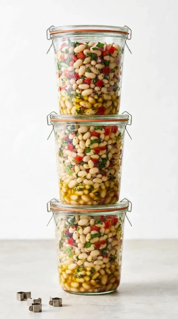 Healthy Marinated White Beans stored in a glass jar with herbs, peppers, and olive oil