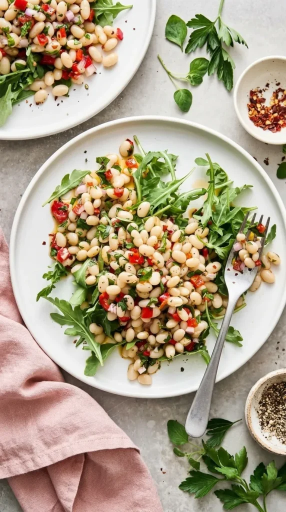 Healthy Marinated White Beans served over fresh arugula with roasted peppers and herbs