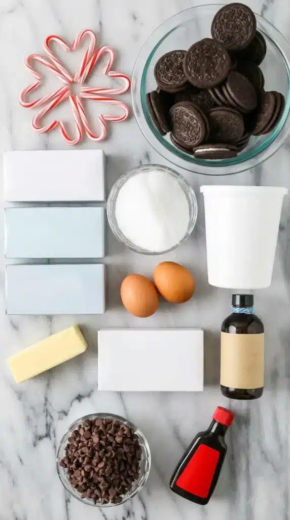 Healthy Peppermint Bark Cheesecake ingredients with cookies, white chocolate, cream cheese, and candy canes