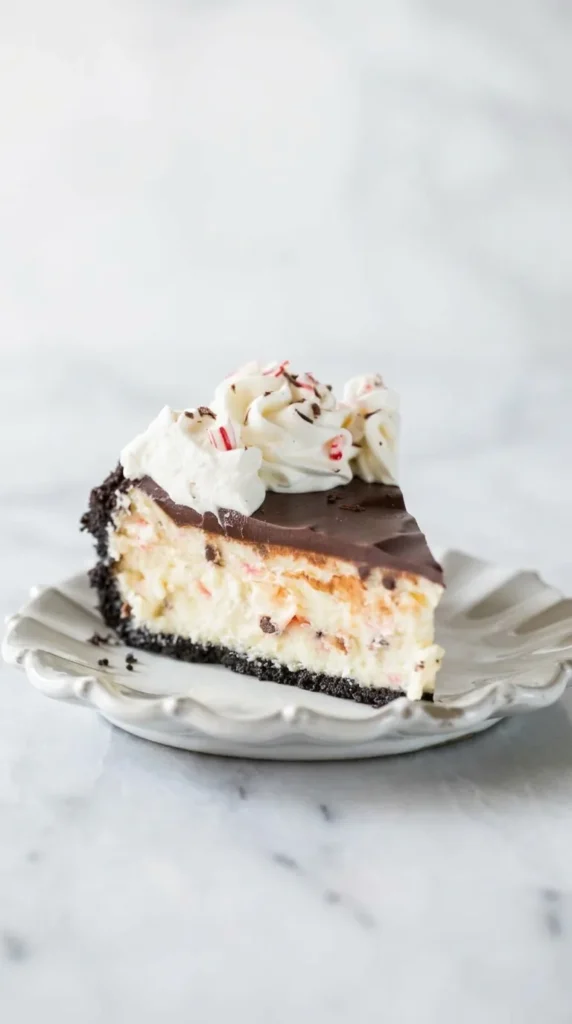 Healthy Peppermint Bark Cheesecake slice with chocolate ganache, candy canes, and Oreo crust