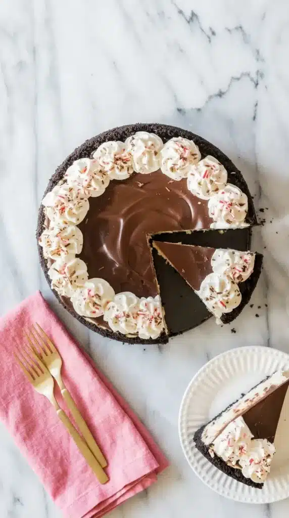 Healthy Peppermint Bark Cheesecake sliced with chocolate ganache, whipped cream, and candy canes