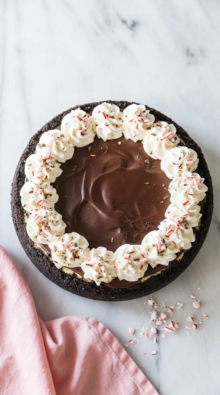 Healthy Peppermint Bark Cheesecake with chocolate ganache, whipped cream, and crushed candy canes
