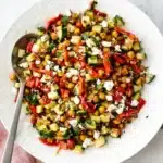 Healthy Roasted Red Pepper and Chickpea Salad : Vibrant 11 Healthy roasted red pepper and chickpea salad with cucumber, feta, parsley, and pickled onion